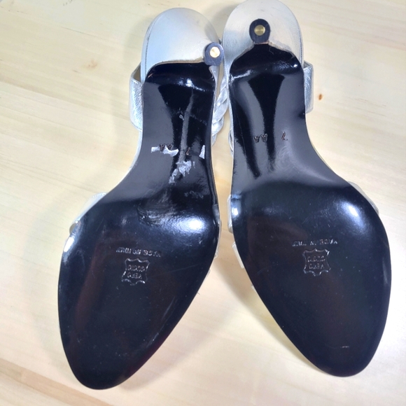 Oscar de la Renta Silver Strappy Peep Toe Heels Slingback Womens Size 7 AA - Picture 6 of 10
